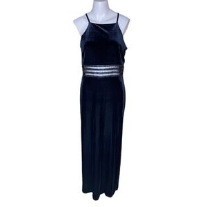 De Laru Black Velvet Maxi Dress with See-Through Waistline Sequins Sz 12, 13-14